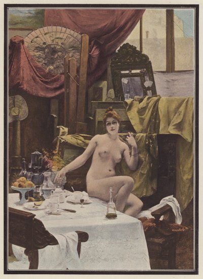 Kvinna i en konstnärs ateljé (färg litho) av Paul Quinsac
