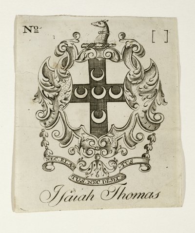 Bokskylt för Isaiah Thomas (1749-1831), ca. 1765-1770 (gravyr på lagt papper) av Paul Revere