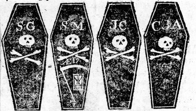 Ritning av de fyra kistorna från massakern i Boston, tryckt i Boston Gazette, 12 mars 1770 av Paul Revere