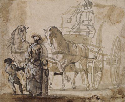 En vagn och ett par, med kusk (grå & brun tvätt förhöjd med vitt på papper) av Paul Sandby