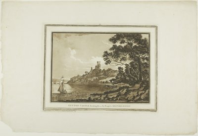 Benton Castle tittar ner längs Reach till Milford Haven, från tolv vyer i Aquatinta från teckningar tagna på plats i södra Wales av Paul Sandby