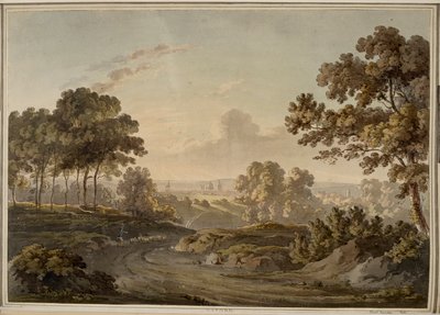 Oxford [grafik]. Herde som vallar får på vägen mot Oxford, som är synlig vid horisonten upplyst av solnedgångens sken. av Paul Sandby