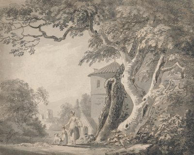 Romantiskt landskap med figurer och en hund av Paul Sandby