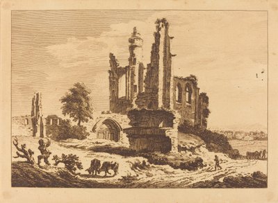 Förstörd Abbey med boskap och en man som hugger ved av Paul Sandby