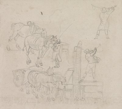 Studier av en åkare som pumpar vatten till sina hästar (penna på papper) av Paul Sandby