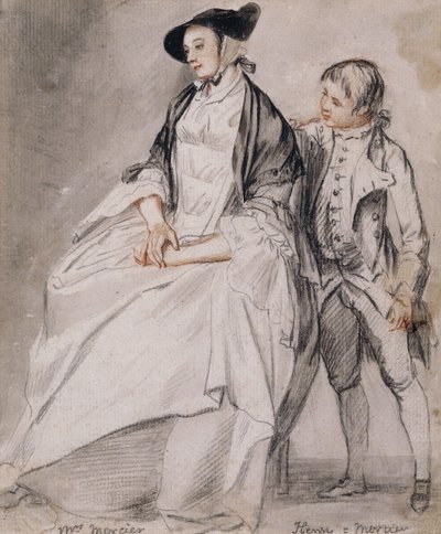 Studie av fru Mercier sittande i en stol, och hennes yngste son, Henry Mercier som står bakom henne, av Paul Sandby