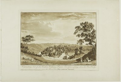 Wynnstay, säte för Sir Watkin Williams Wynn Bart från en stuga ovanför den nya bron över floden Dee, Denbigh Shire av Paul Sandby