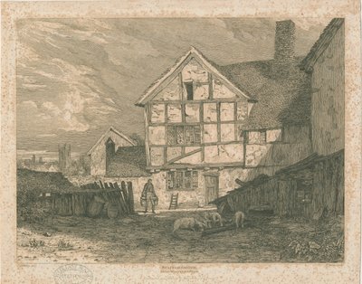 Wolverhampton - Ruinerna av ett korsvirkeshus: stålgravyr, nd [c 1815] av Paul Sandby Munn
