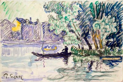 Fiskare i en båt nära en strand vid Seine, c1900 av Paul Signac