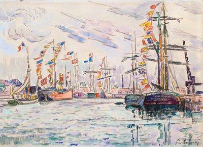 Segelbåtar med semesterflaggor vid en pir i Saint-Malo, 1920-talet. av Paul Signac