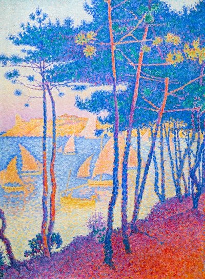 Segelbåtar och tallar, ca. 1896 (olja på duk) av Paul Signac