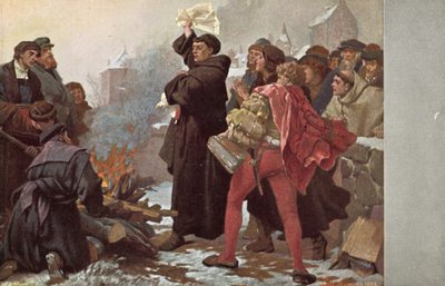 Martin Luther bränner den påvliga tjuren och hotar honom med bannlysning inför Elstertor i Wittenberg, Tyskland, 10 december 1520 av Friedrich Paul Thumann