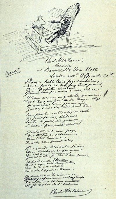 Dikttecken av den franske poeten Paul Verlaine (1844-1896) med skiss på företrädaren under en uppläsning. 21/11/1893 av Paul Verlaine
