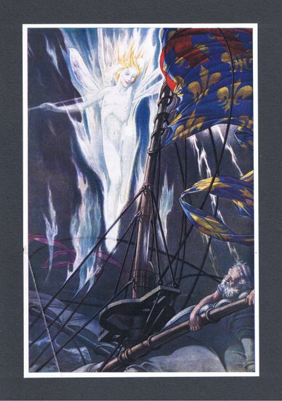 På den översta, gårdarna och bogsprötet, skulle jag flamma tydligt, illustration från The Tempest, 1908 av Paul Vincent Woodroffe