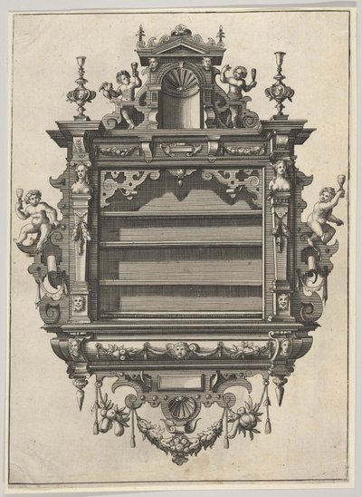 Väggmonterad hylla från Verscheyden Schrynwerck ... [Plusieurs Menuiseries ...], 1658. av Paul Vredeman de Vries