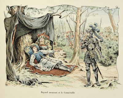Illustration hämtad från boken "Histoire du chevalier Bayard" av Theodore Cahu, illustrerad av Paul De Semant (1855-1915): Bayard dying and Le Connetable de Bourbon 1524 av Paul de Semant