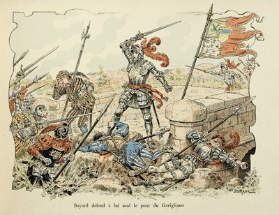 Illustration hämtad från boken "Histoire du chevalier Bayard" av Theodore Cahu, illustrerad av Paul De Semant (1855-1915): Bayard försvarar endast bron Garigliano 1504 av Paul de Semant