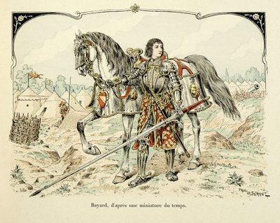 Illustration hämtad från boken "Histoire du chevalier Bayard" av Theodore Cahu, illustrerad av Paul De Semant (1855-1915): Porträtt av Bayard efter en miniatyr av perioden av Paul de Semant