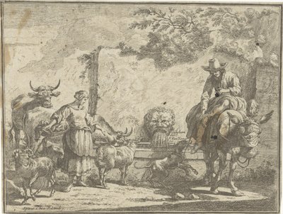 Kvinna och man på en åsna vid en vattenkälla Pastoral Landscapes (serietitel) av Paul van Somer (II)