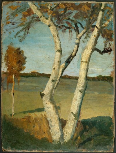 Tvåstammad björk framför landskapet av Paula Modersohn-Becker