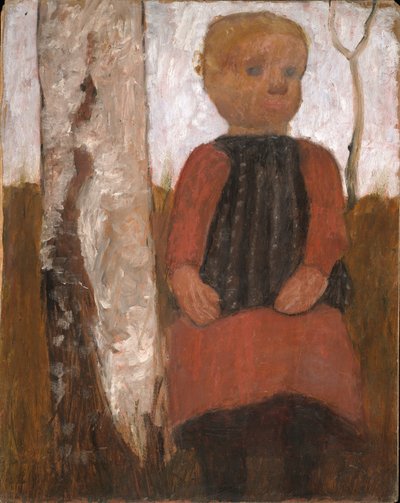 Kind in rotem Kleid am Birkenstamm av Paula Modersohn-Becker