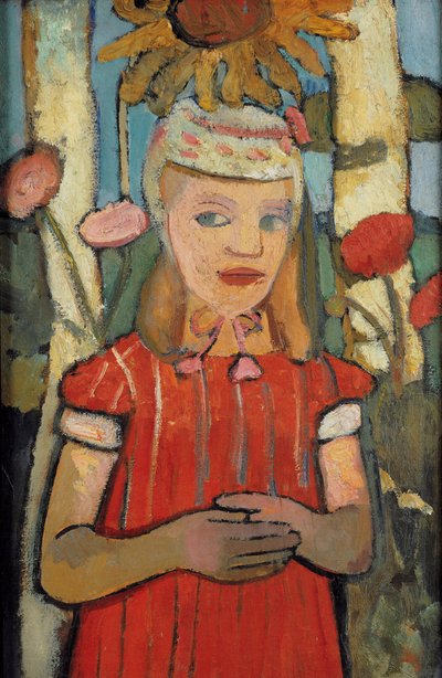 Flicka i röd klänning framför solrosen, 1907. av Paula Modersohn Becker
