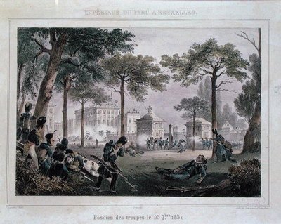 Trupper i Parc Royal, Bryssel, 25 september 1830, graverade av Dewasme-Pletinckx (färg litho) av Paulus (after) Lauters