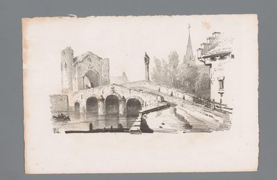 Vy över en bro med en port, en kyrka i bakgrunden Principer för landskap (serietitel) Principles de paysages (serietitel) av Paulus Lauters