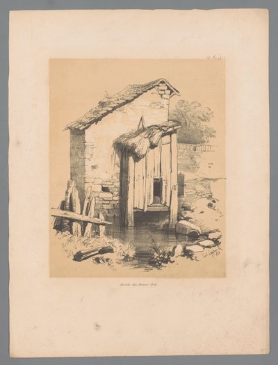 Utsikt över en lada vid vattnet Forêt (titel på objekt) Pittoreska ansikten av Paulus Lauters (serietitel) Etrennes pittoresques pour 1839, par Lauters (serietitel) av Paulus Lauters