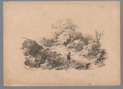 Landskap med man och hund på en landsväg Landscape Studies av Paulus Lauters (serietitel) Nouvelle suite de 40 études de paysages par P. Lauters (serietitel) av Paulus Lauters