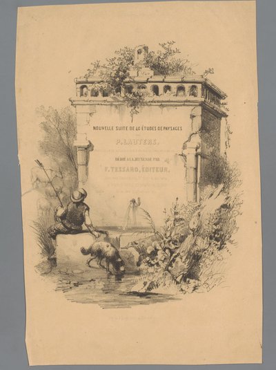 Man med hund som sitter på kanten av en fontän Landscape Studies av Paulus Lauters (serietitel) Nouvelle suite de 40 études de paysages par P. Lauters (serietitel på objekt) av Paulus Lauters