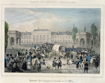 Porte de Louvain, Bryssel: De holländska truppernas reträtt, 27 september 1830, graverad av Dewasme-Pletinckx av Paulus Lauters