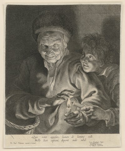 Gammal kvinna och pojke med ett ljus av Paulus Pontius