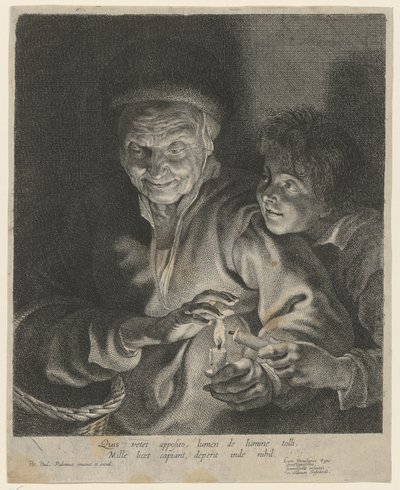Gammal kvinna och pojke med ett ljus av Paulus Pontius