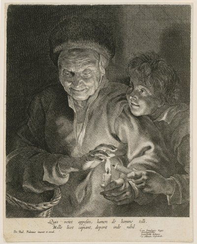 Gammal kvinna och pojke med ljus av Paulus Pontius