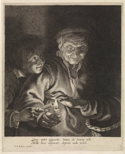 Gammal kvinna och pojke med ljus av Paulus Pontius