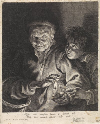 Gammal kvinna och pojke med ljus av Paulus Pontius