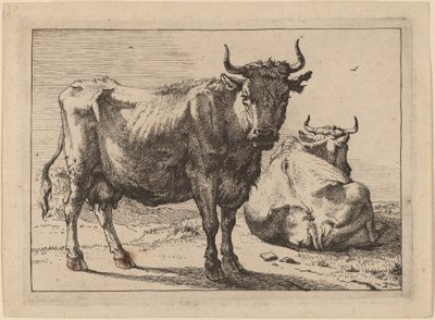 En ko som står och en annan som ligger ner av Paulus Potter