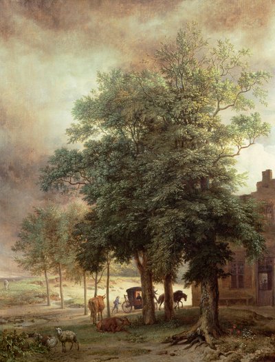 Landskap med vagn eller hus bortom träden av Paulus Potter