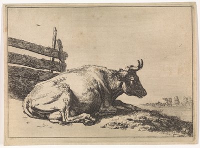 Liggande ko vid ett staket The Bull Book (serietitel) av Paulus Potter