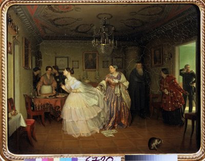 Majors förlovning (majors förlovning). Beskrivning av ett vardagsrum, dekoration, porslin och 1800-talsmöbler, En äldre kvinna tillkännager majorens ankomst, bruden tappar sin vita spetsnäsduk och vänder sig glatt bort, fasthållen av av Pavel Andreevich Fedotov