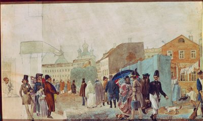 Gatubild i regnet i Moskva. Verk av Pavel Andreyevich Fedotov (1815-1852), akvarell på papper av Pavel Andreevich Fedotov