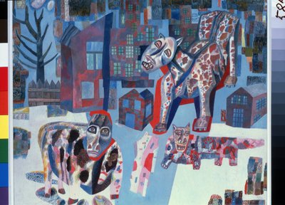 Djur (Djur). Jättemonster som invaderar gatorna i en stad. Verk av Pavel Nikolajevitj Filonov (1883-1941), olja på papper av Pawel Nikolajewitsch Filonow