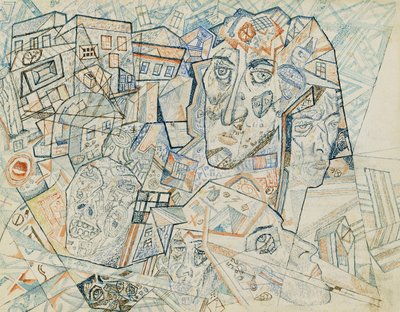 Faces in the City, ca 1925 (akvarell och penna och bläck på papper) av Pawel Nikolajewitsch Filonow
