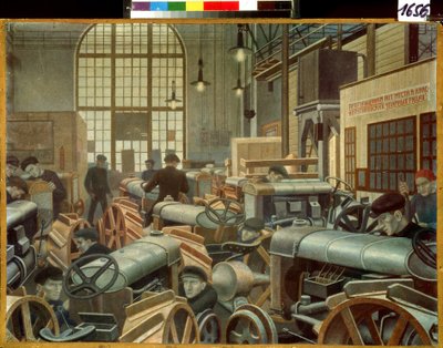 Traktormonteringsverkstaden vid Putilovfabriken (Sankt Petersburg, Ryssland) (Traktormonteringsverkstaden vid Putilovfabriken). Målning av Pavel Nikolayevich Filonov (1883-1941), olja på duk av Pawel Nikolajewitsch Filonow