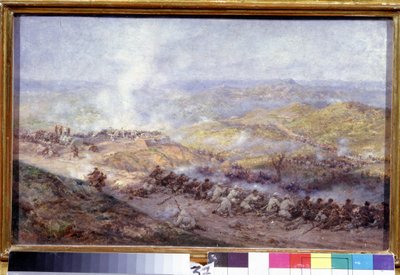 En scen från det ryska Turkiska kriget (1876-1878) (A Scene of the Russian Turkish War). Slagfältet på Balkan, där soldaterna från den ryska armén och det osmanska riket drabbar samman, under belägringen av Pleven (eller Plevna, i Bulgarien), 1877. Målning av Pavel Osipovich Kovalevsky
