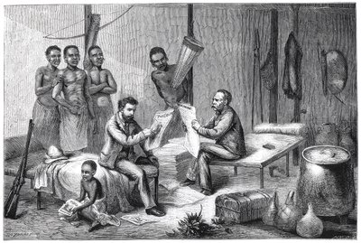 Livingstone och Stanley tar emot tidningar i Centralafrika, 1871-1873 av Pearson