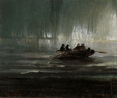 Norrsken över fyra män i roddbåt av Peder Balke