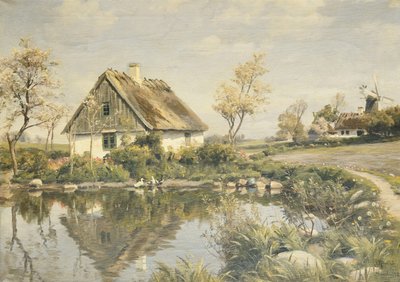 En stuga vid en damm av Peder Monsted
