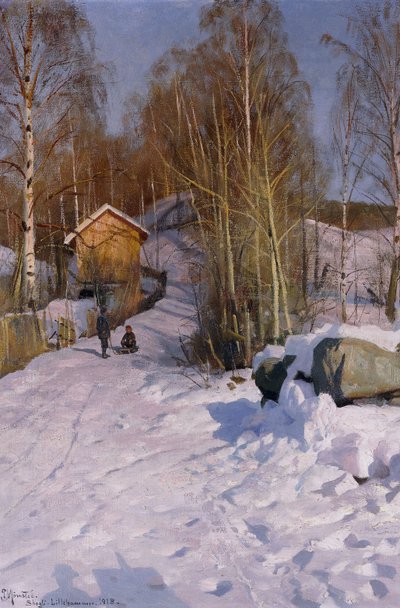 Ett vinterlandskap med barn som åker pulka av Peder Monsted
